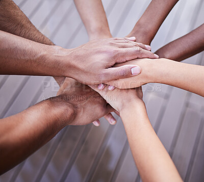 Buy stock photo Teamwork, hands and diversity of people in support, agreement and circle of trust for motivation. Closeup, community and helping hand of group, equality and celebration of success, mission or synergy
