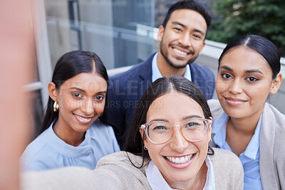 Buy stock photo Internet, selfie and happy post of business people online on social media or about us as team at startup. Friends, smile and coworking with employees at company with diversity and solidarity