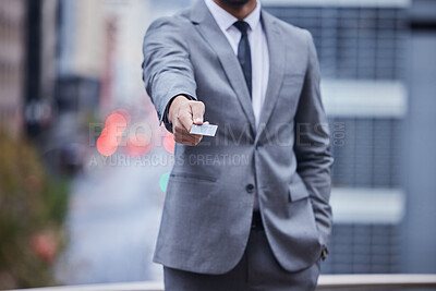 Buy stock photo Credit card, hands and businessman with payment offer in city for money, financial assistance, opportunity or promo. Sale, help and investor with investment, deal or startup, loan or account funding