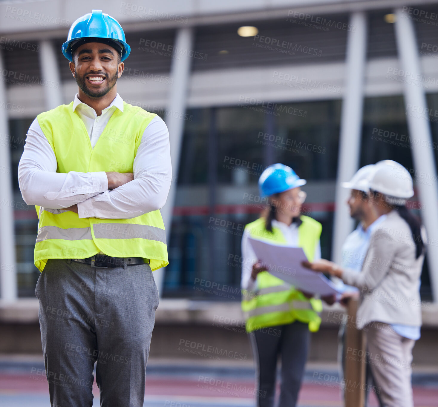 Buy stock photo Architect, civil engineering and portrait of happy man with arms crossed for industrial design, construction site and team. Male contractor, infrastructure and project management of property building