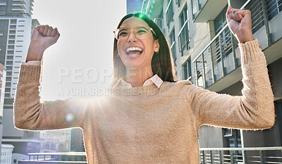 Buy stock photo Excited, woman and celebration of success in city winning opportunity or promotion in business. Happy, news or girl cheers for achievement of surprise bonus or reward for hard work at company