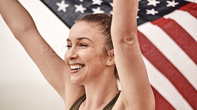 Buy stock photo Shot of a young female athlete holding the american flag
