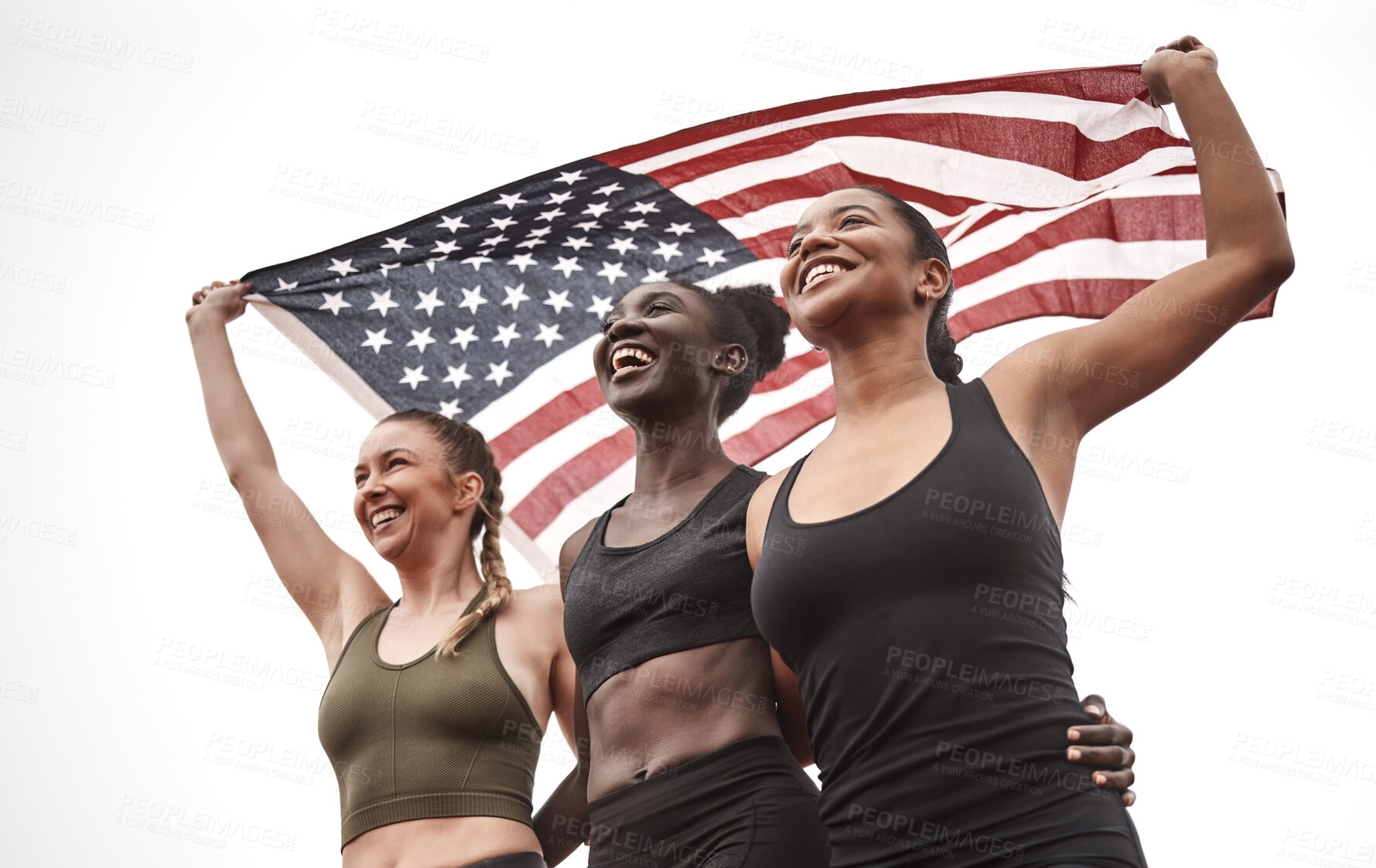 Buy stock photo Shot of a young sports team holding the american flag