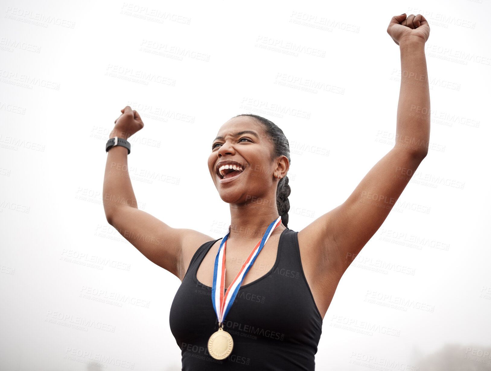 Buy stock photo Shot of a beautiful young female athlete celebrating at the end of her race