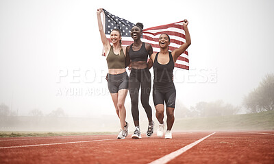 Buy stock photo Shot of a sports team holding the american flag