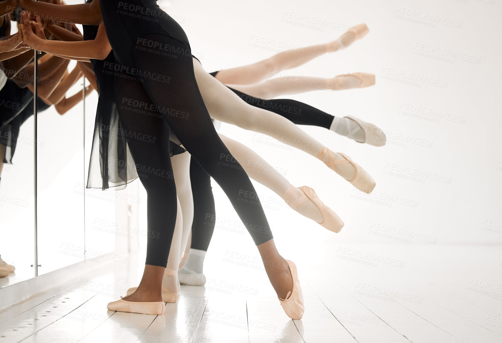 Buy stock photo Balance, legs and students in ballet class for training and learning with teamwork or shoes in art school. Recital, people or ballerinas dancing in practice for theater performance routine in studio