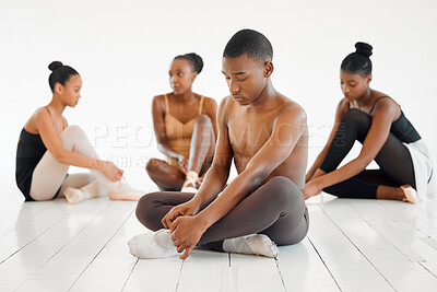 Buy stock photo Shot of a group of dancers preparing for class