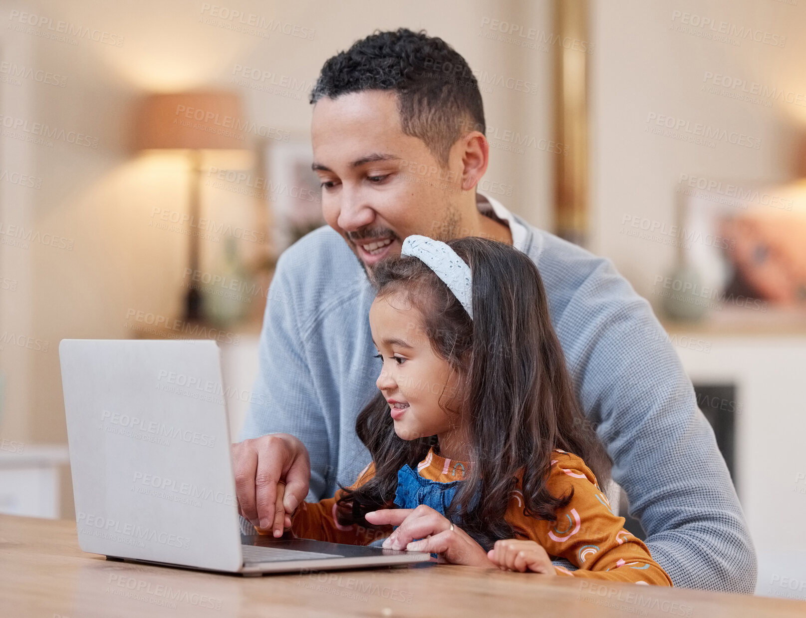 Buy stock photo Dad, child and laptop for elearning in home with education, online classroom and project research. Father, daughter and computer for virtual school with development, growth and knowledge or studying