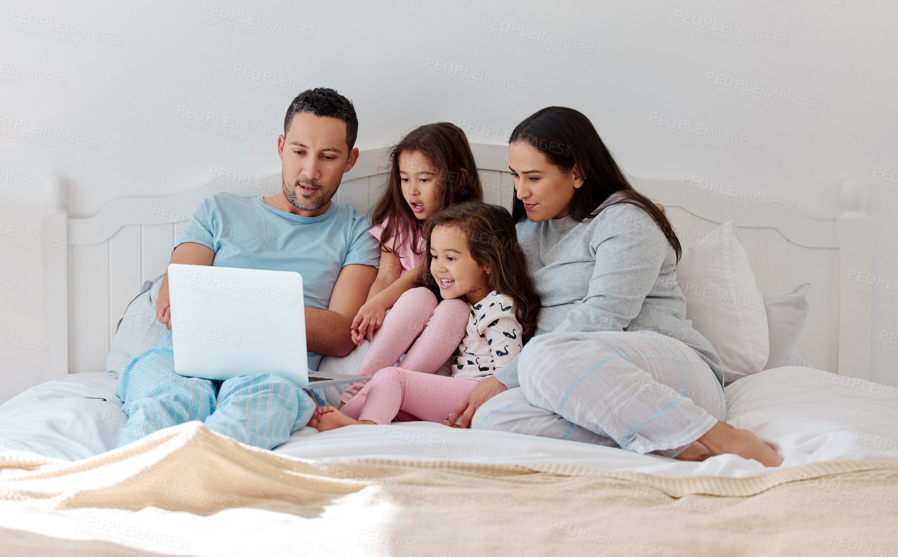 Buy stock photo Parents, girls and family with laptop in bedroom for fun with streaming movies, cartoons and entertainment. Home, people and kids with smile or happy for subscription for bonding or child development