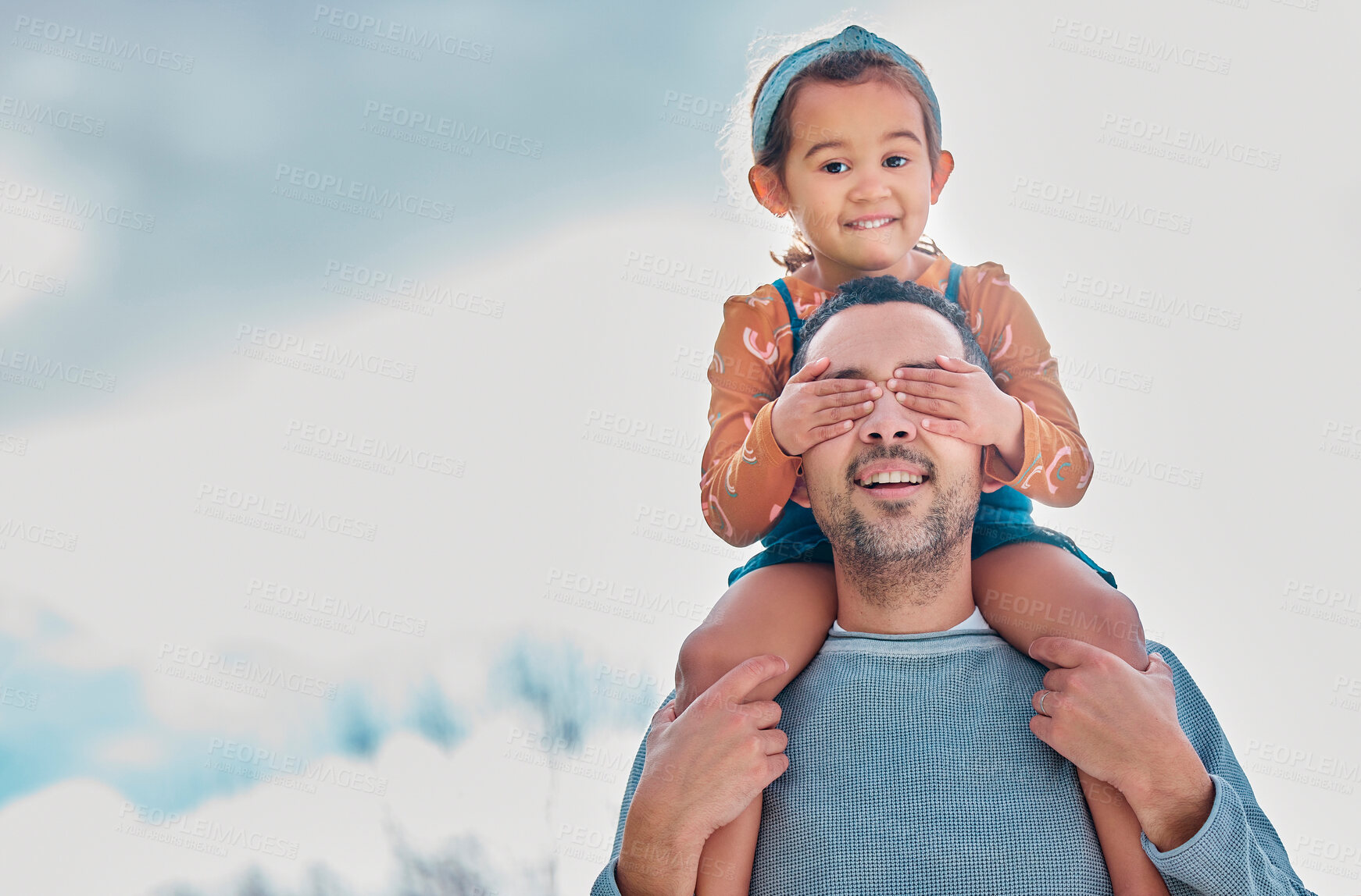 Buy stock photo Cover, father and child on piggyback from happy parent in nature park for fun, summer bonding or outdoor activity. Man, girl and daughter smile together while playing closed eyes in backyard portrait