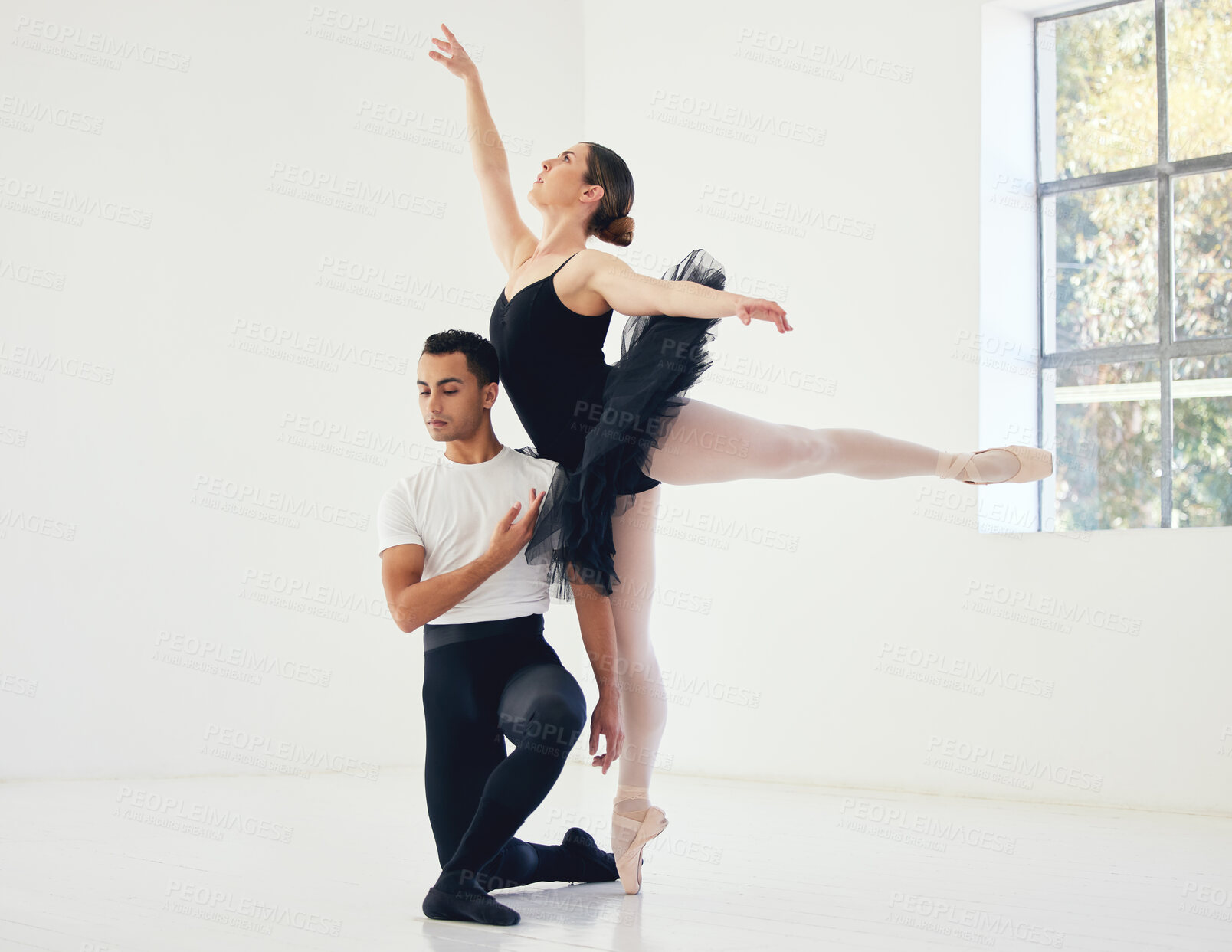 Buy stock photo Balance, ballet and partner with people in dance studio for performance recital or rehearsal together. Learning, routine or training with man and woman dancing in workshop, getting ready for showcase