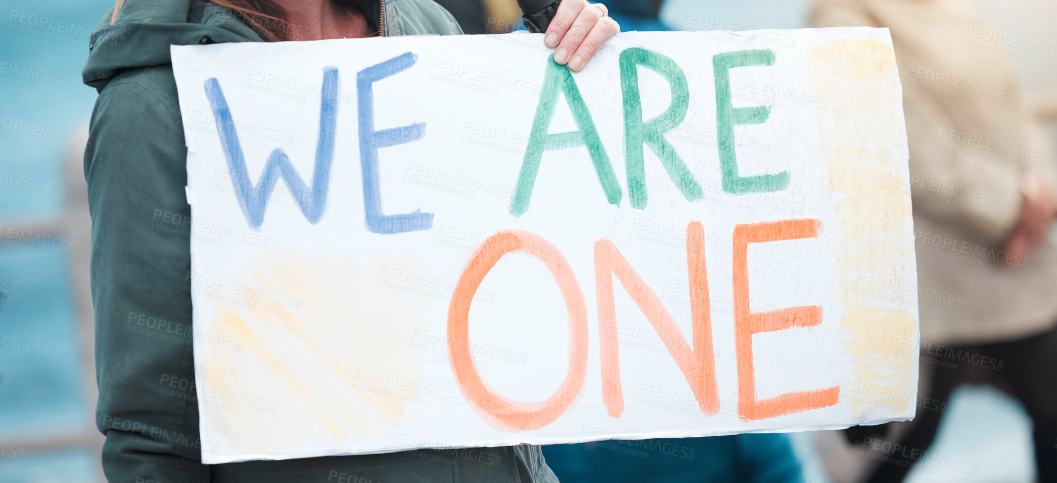 Buy stock photo People, protest and sign with billboard for unity, community or freedom together in march. Closeup of activist, group or crowd in rally with poster or banner for strike, human rights or equality