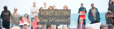 Buy stock photo Banner, people and government protest with politics, rally and poster for human rights, vote or elections. Sign, choice and board for opinion, freedom or equality in support of revolution or change