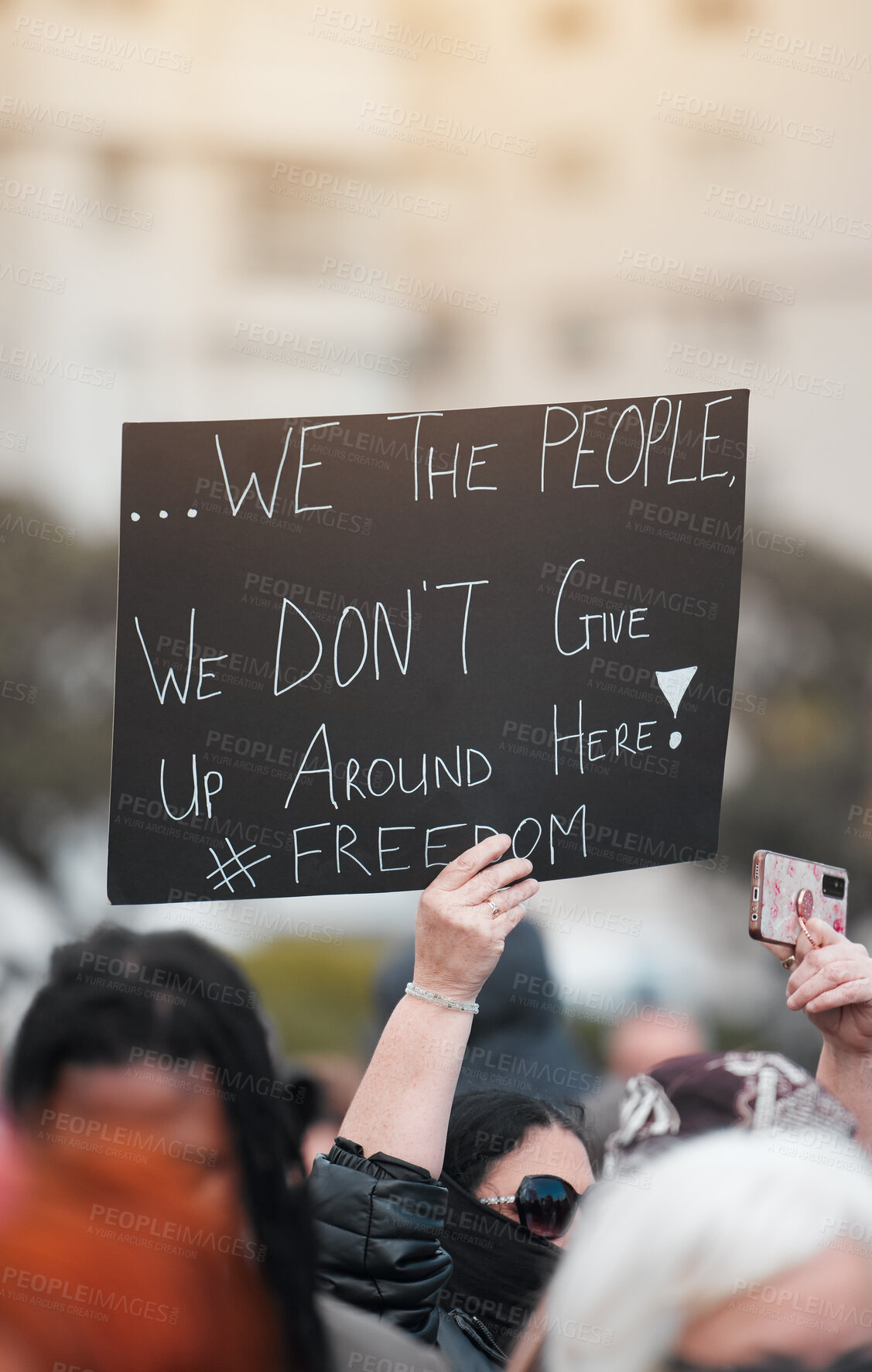 Buy stock photo People, protest and billboard with sign for freedom, peace or democracy for march, riot or strike in city. Activist, group or community with poster or board for human rights, equality or politics