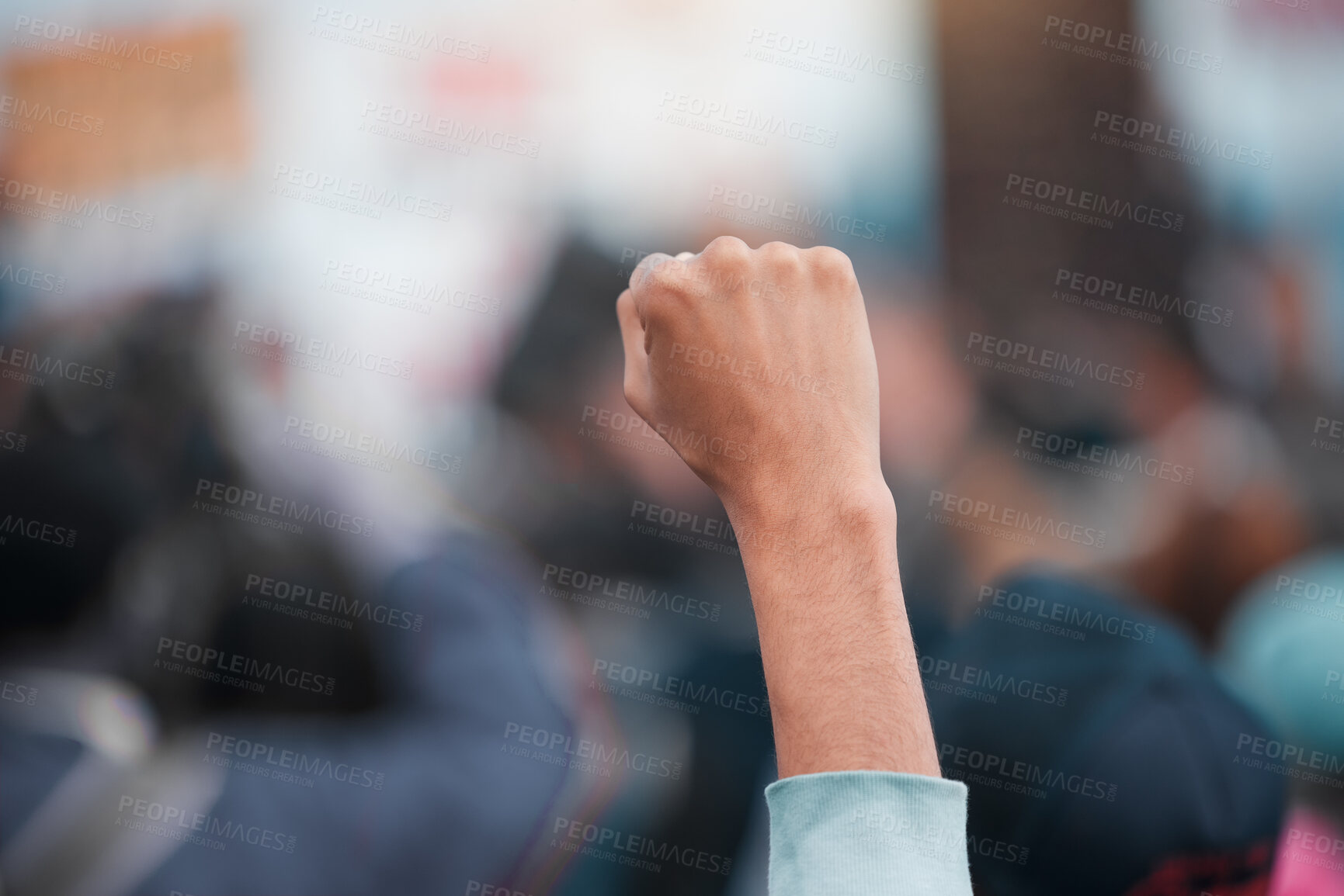 Buy stock photo Fist, march and protest with justice, rally and power for social freedom and strong movement. People, voice or politics with fight, strike or standing united for Palestine demonstration for community