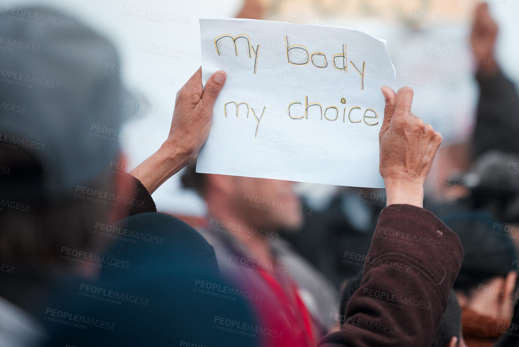 Buy stock photo Poster, rally and protest crowd with abortion, freedom and equal rights for change, power or transformation. Body, choice or group of people with banner for reproductive, law and government attention