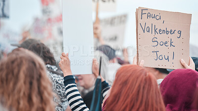 Buy stock photo People, rally and poster with crowd for vaccine, opinion or sign for corona, medical or human rights. Group, support and fight to stop pharma crime for choice, decision or covid with voice in city