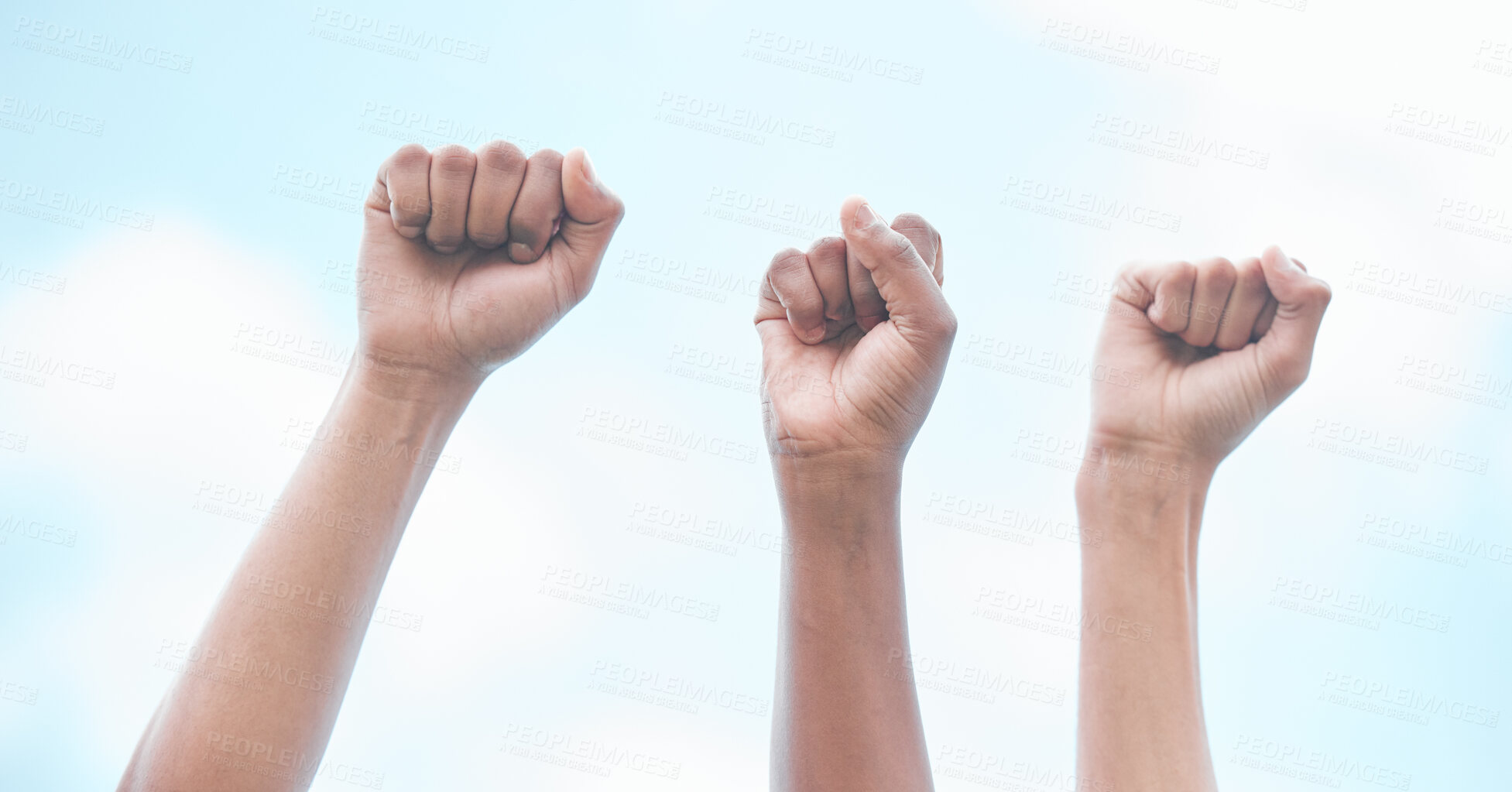 Buy stock photo Diversity, equality or hands for protest or politics, human rights or fighting for change outdoor. Freedom, community or group of people as collaboration, unity or crowd support solidarity as society