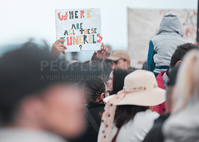 Buy stock photo People, rally and poster with covid, protest and sign for vaccine, medical and human rights. Group, crowd and board in fight to stop pharma crime for choice, corona and questions with voice in city