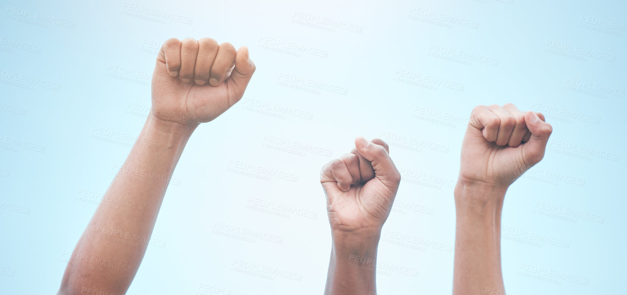 Buy stock photo Diversity, solidarity or hands for protest or politics, human rights or fighting for change outdoor. Freedom, community or group of people as collaboration, unity or crowd support equality as society