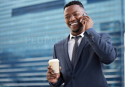 Buy stock photo Businessman, call and phone with coffee in outdoor for portrait as lawyer for communication, schedule and planning for contact with client. Smile, male person by law firm by networking in suit