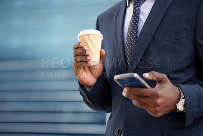 Buy stock photo Coffee, cell phone and hands for black man, communication and texting on smartphone. Technology, entrepreneur and networking or typing for connection, mobile app and internet for business contact