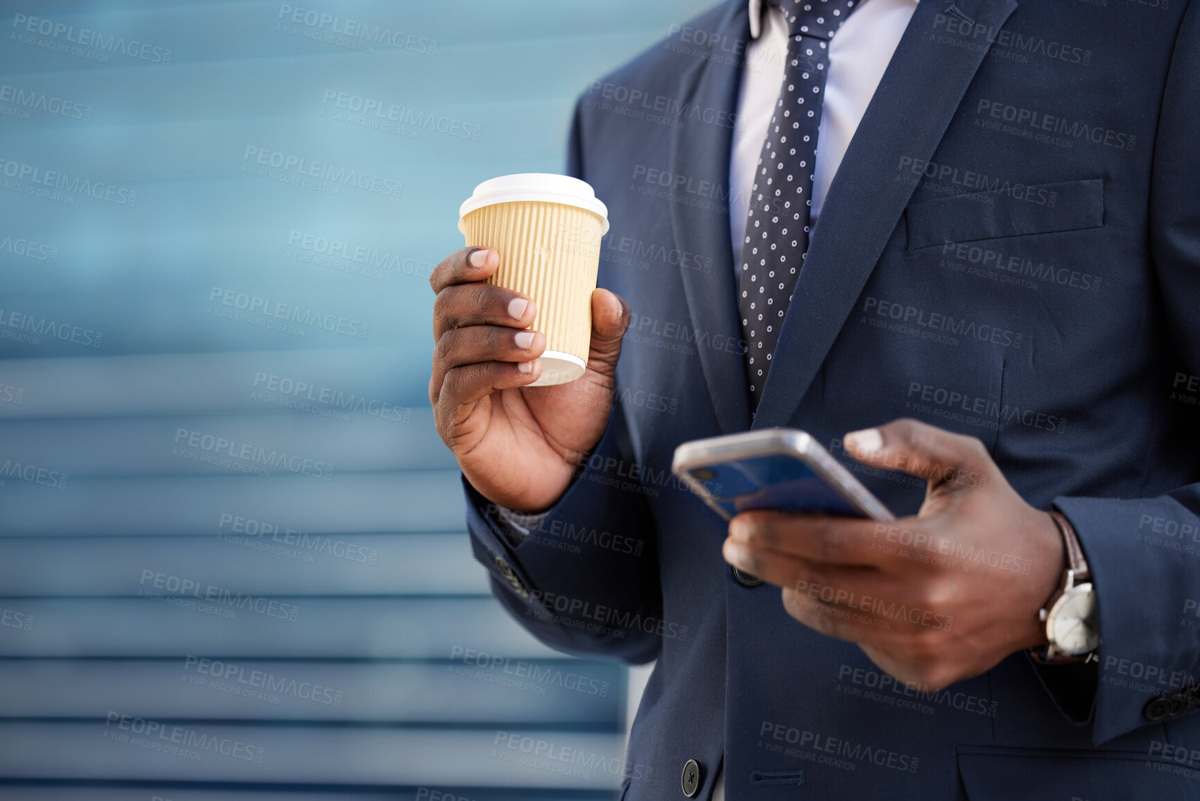 Buy stock photo Coffee, cell phone and hands for black man, communication and texting on smartphone. Technology, entrepreneur and networking or typing for connection, mobile app and internet for business contact