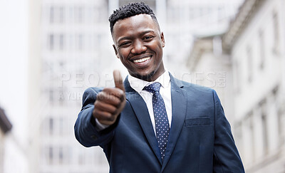 Buy stock photo Business, thumbs up and portrait of black man in city with smile, agreement or happy deal. Vote, opinion and urban businessman with yes hand gesture, sign or emoji for success, thanks or opportunity.