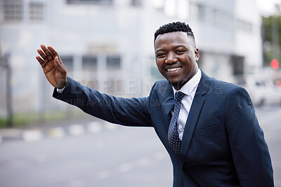 Buy stock photo Black man, business portrait and hand for taxi and public transport in city with travel. Urban, African male and professional on a road and street in a suit with happiness and a smile while traveling