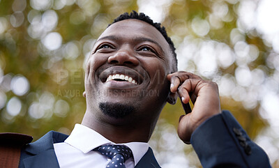 Buy stock photo Phone call, smile and conversation for black man, talk and business discussion for outdoors. Technology, virtual communication and smartphone for networking, internet or sales with b2b client contact