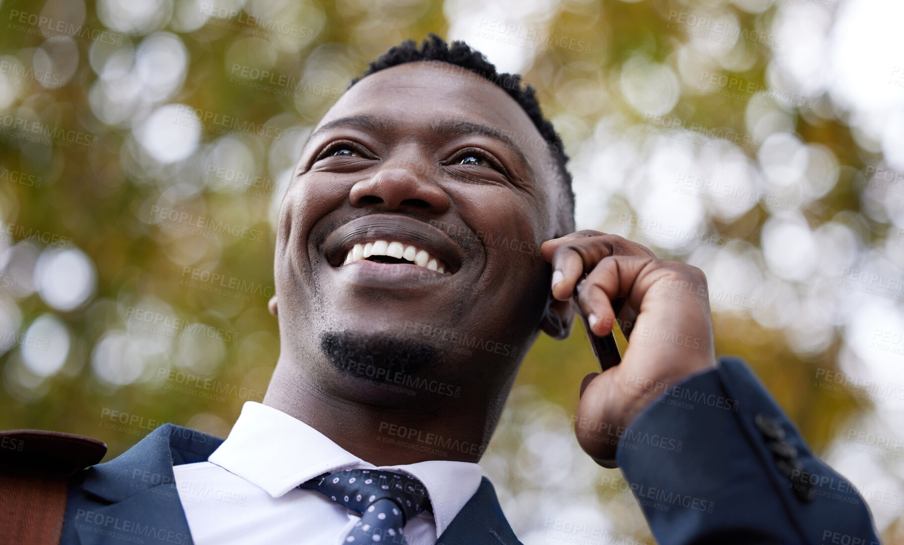 Buy stock photo Phone call, smile and conversation for black man, talk and business discussion for outdoors. Technology, virtual communication and smartphone for networking, internet or sales with b2b client contact