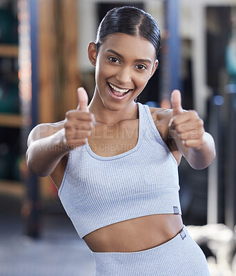 Buy stock photo Portrait, woman and thumbs up in gym for wellness, happy and athlete for health goal in fitness club. Sports, training and smile for exercise or challenge activity, done and excited for achievement