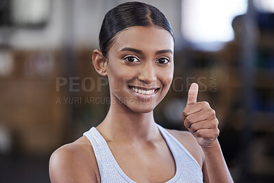 Buy stock photo Portrait, woman and thumbs up in gym for wellness, happy and athlete for health goal in fitness club. Sports, training and smile for exercise or challenge activity, done and excited for achievement