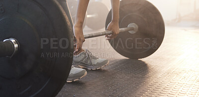 Buy stock photo Fitness, woman in gym and barbell for weightlifting, power and muscle with closeup on equipment at sports club. Balance, strength and female bodybuilder lifting weights and training with health goals