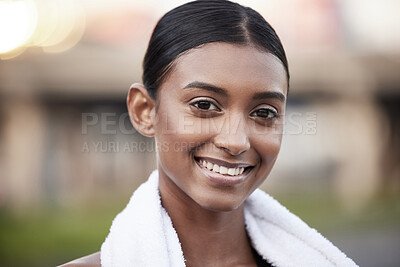 Buy stock photo Portrait, woman and fitness with towel outdoor for exercise break, strong body and wellness. Indian female athlete, happy and rest with cloth in park for marathon training, workout and nature running