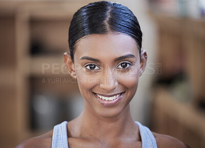 Buy stock photo Face, Indian woman and fitness with smile in gym for exercise, strong body and health with runner. Female athlete, happiness and portrait with in wellness club for sports training, workout and joy