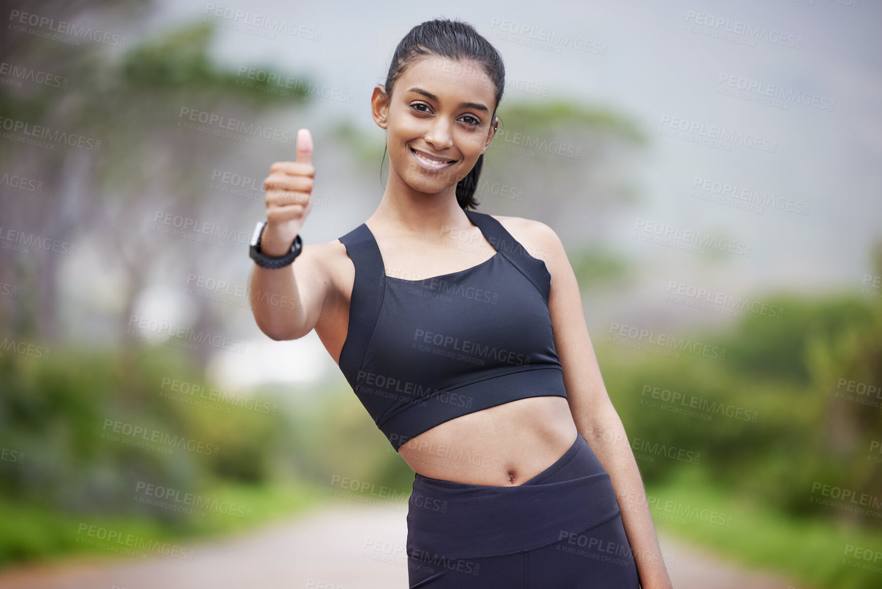 Buy stock photo Active, woman and thumbs up for fitness in outdoors or portrait as runner for exercise or training for race. Indian, female person and sports for cardio, health and wellness for achievement of goal