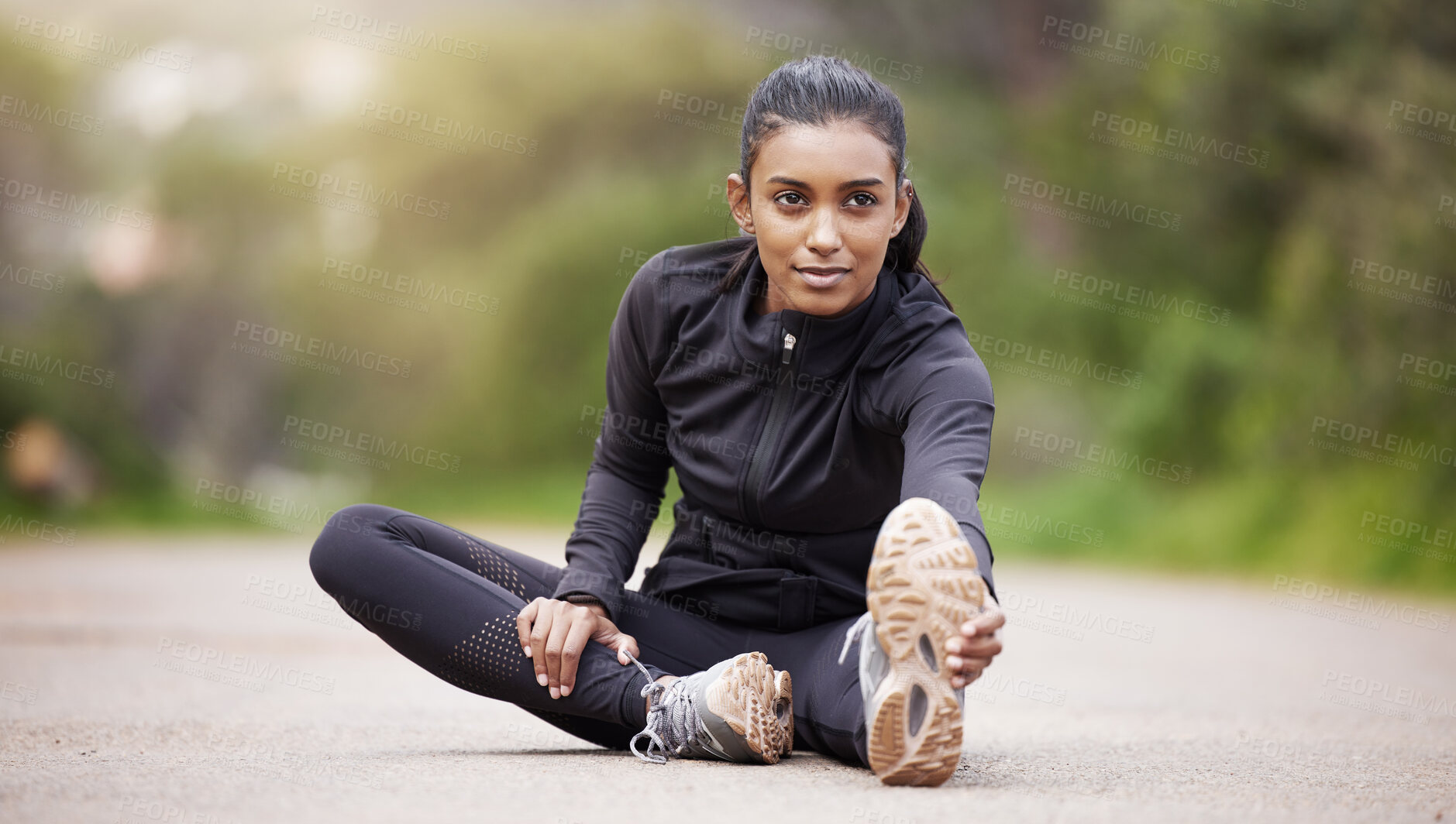 Buy stock photo Nature, warm up and woman stretching legs while sitting, workout motivation and fitness mindset with hands on feet. Focus, commitment and girl on floor, leg stretch for outdoor run and exercise goals