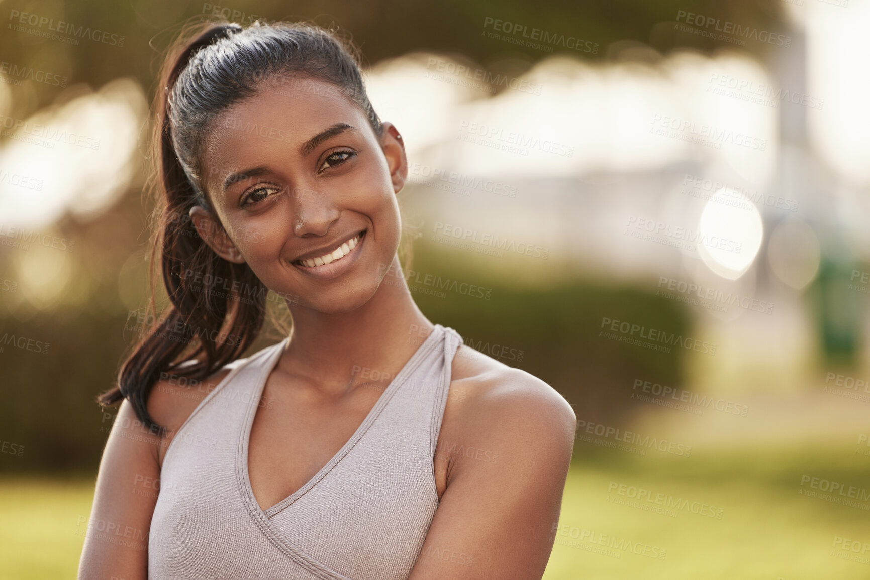 Buy stock photo Woman, portrait and fitness outdoor of a Indian female person with a smile from exercise. Workout, mockup and sport of a runner athlete in nature for health, training and wellness with happiness