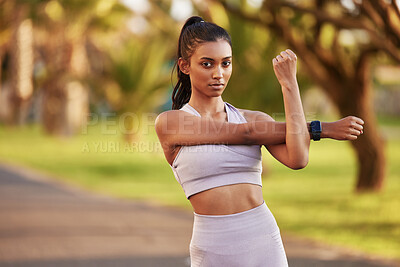 Buy stock photo Stretching, fitness and portrait of Indian woman in nature for exercise, training and running. Sports, park and person outdoors for warm up, workout and start for wellness, performance and health