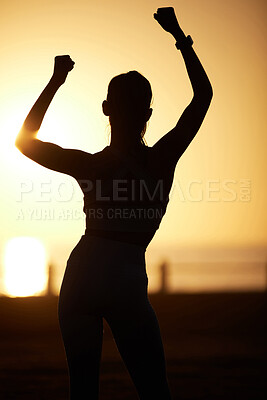 Buy stock photo Woman, silhouette and sunset with motivation outdoor for achievement, reward and competition success. Female person, flare and sun with celebrate, victory and excited for winner, sports and freedom 