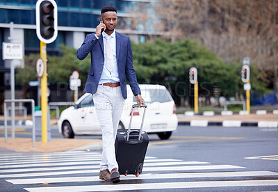 Buy stock photo Travel, phone call and suitcase with black man in city for business trip, communication and networking. Journey, flight and luggage with male employee in street for contact, social media and mobile