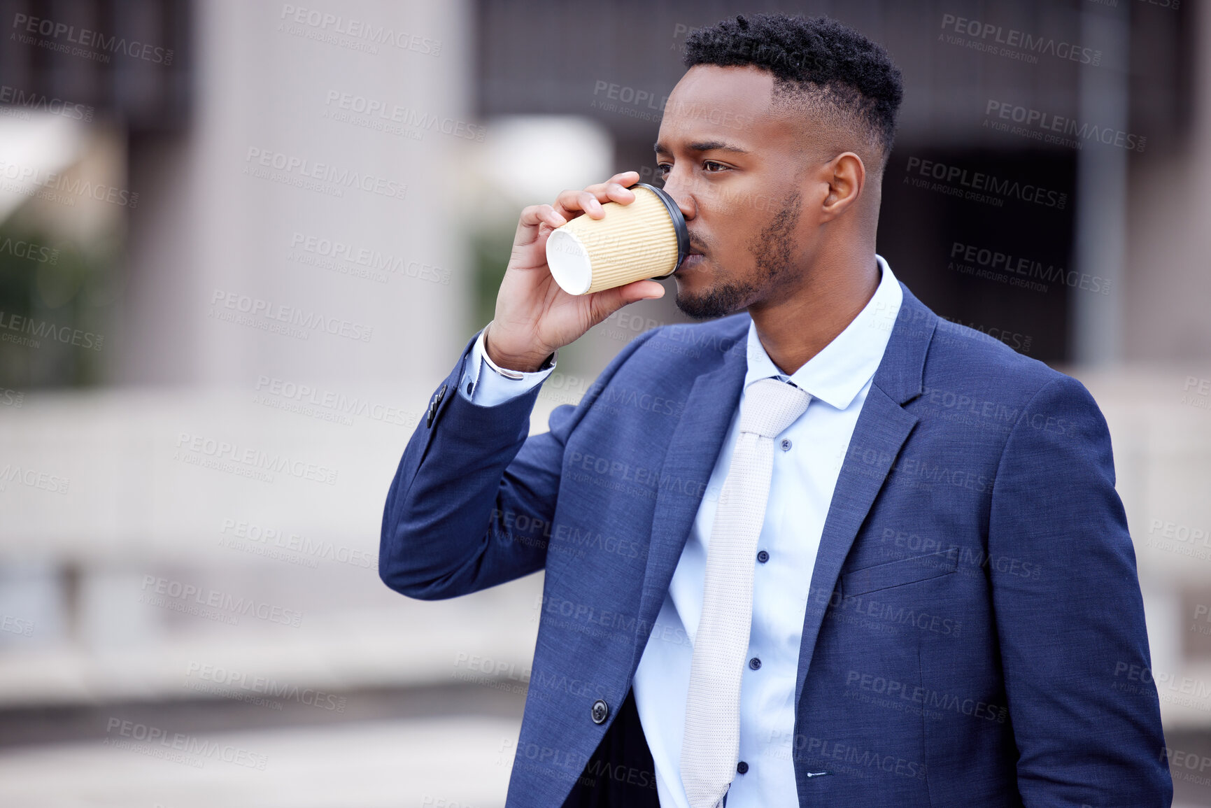 Buy stock photo Businessman, drinking and coffee in city for morning routine to commute to corporate job or work and professional. Male employee, caffeine beverage and outdoor in New York for business and ambition.