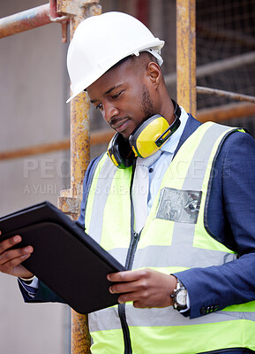 Buy stock photo Tablet, architecture and inspection with black man on construction site for engineering, building or designer. Maintenance, project and technology with contractor for planning and city infrastructure