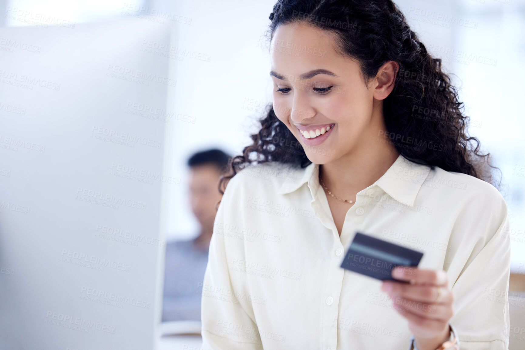 Buy stock photo Woman, corporate credit card and computer for e commerce with fintech, internet banking and investment. Shop website, online shopping and business transaction for payment, password and financial info