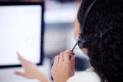 Buy stock photo Back, call center and business woman on computer for telemarketing, customer service and mockup screen. Contact us, crm and female sales agent, professional or consultant listening with microphone.