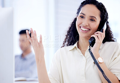 Buy stock photo Receptionist, woman and smile with telephone in office for customer service, administration and support. Professional person, happy and landline with phone call for communication, consulting and help