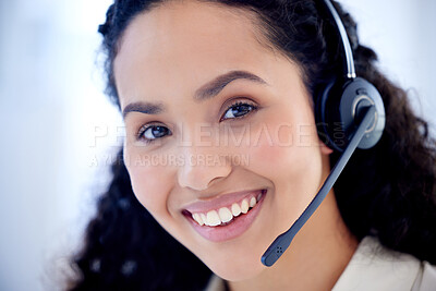 Buy stock photo Face, call center and woman smile for telemarketing, customer service and support. Contact us, portrait and female sales agent, crm professional and consultant from Brazil with pride for business.