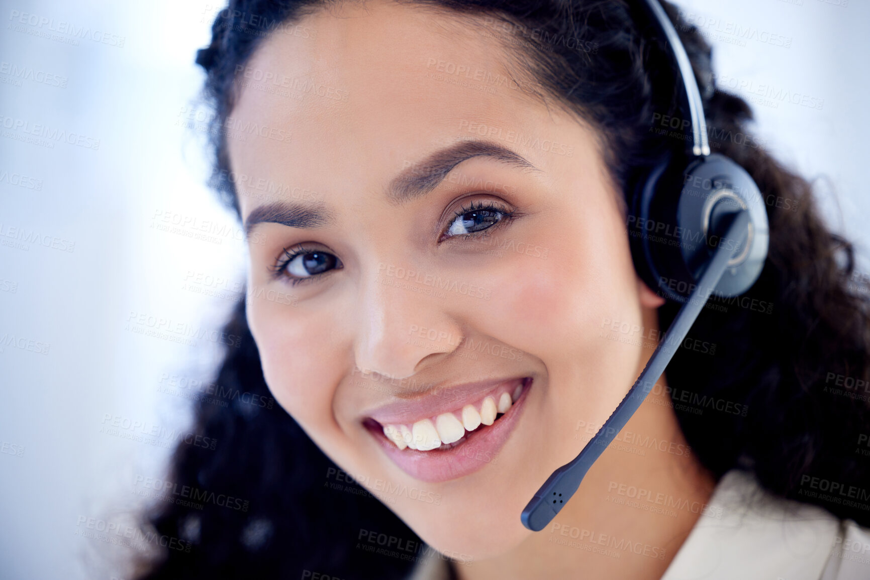 Buy stock photo Face, call center and woman smile for telemarketing, customer service and support. Contact us, portrait and female sales agent, crm professional and consultant from Brazil with pride for business.