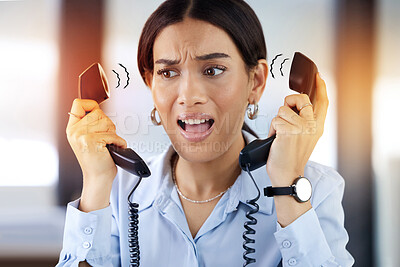 Buy stock photo Telephone, phone call and stress of receptionist in office with anxiety, customer service or confused. Landline, overlay and secretary tension in communication for pressure, scared or problem at work